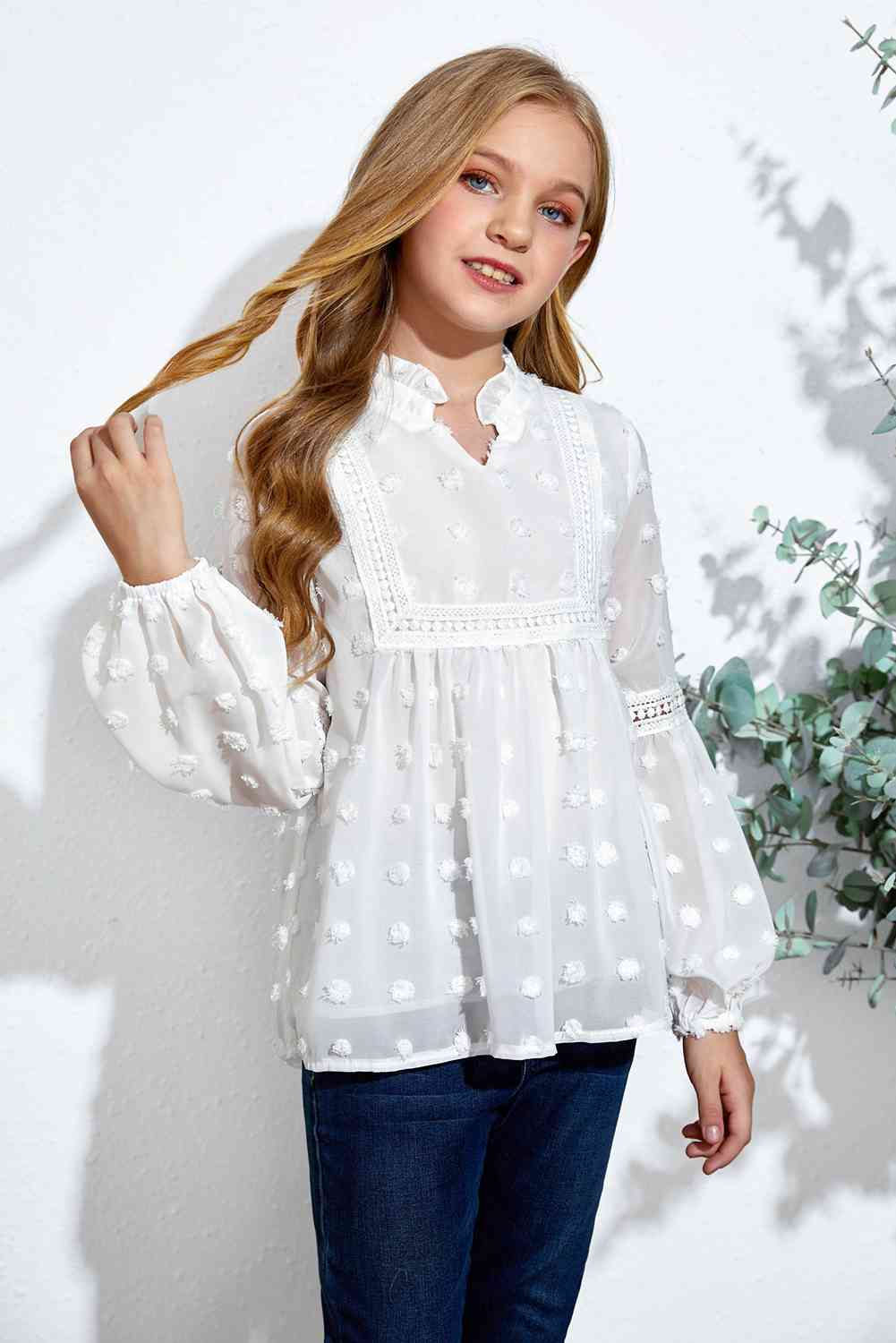 Girls Swiss Dot Spliced Lace Blouse - Ashley's Artistries