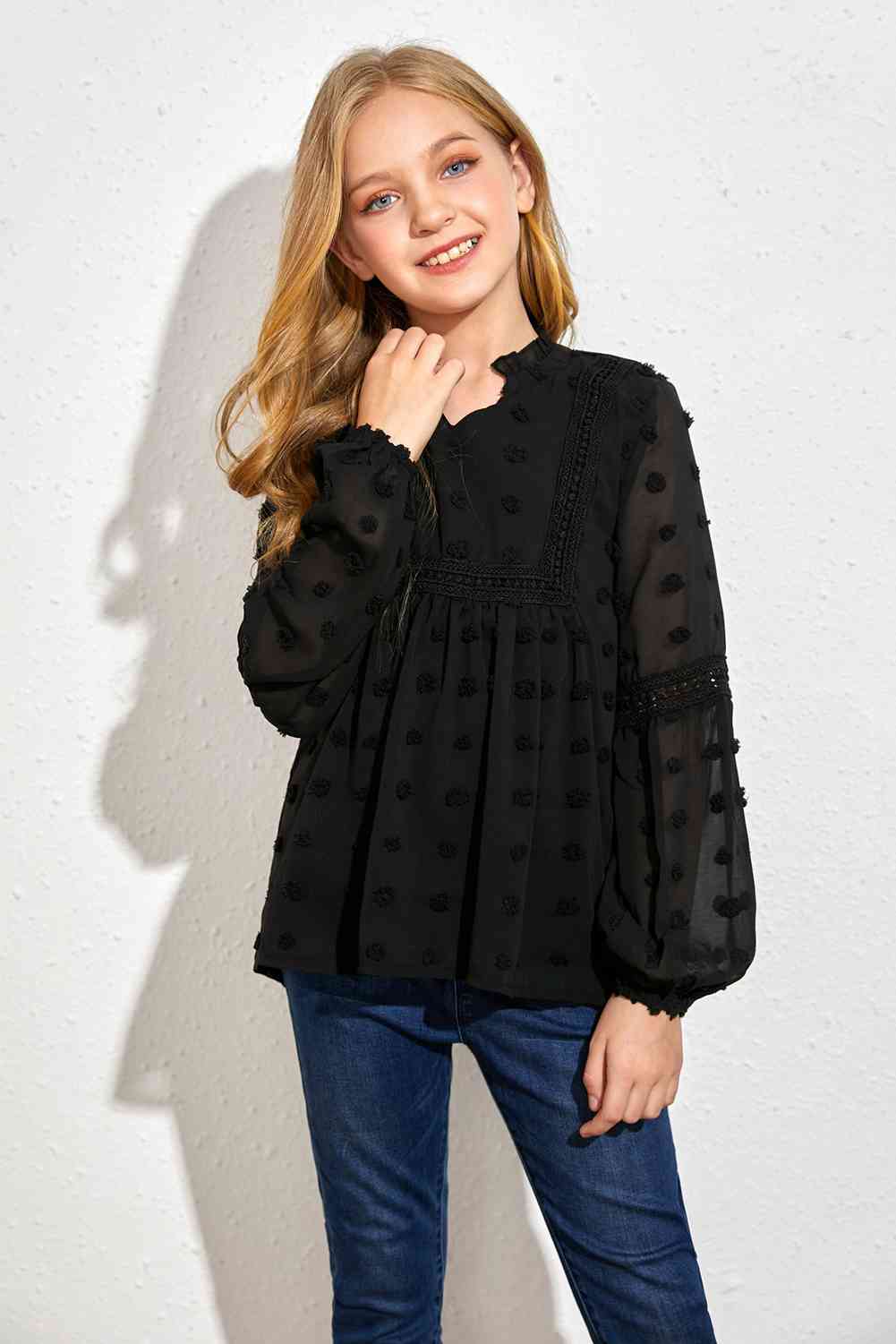 Girls Swiss Dot Spliced Lace Blouse - Ashley's Artistries