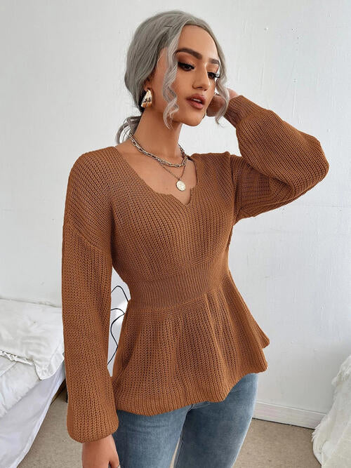 Notched Dropped Shoulder Knit Top - Ashley's Artistries