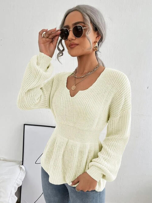 Notched Dropped Shoulder Knit Top - Ashley's Artistries