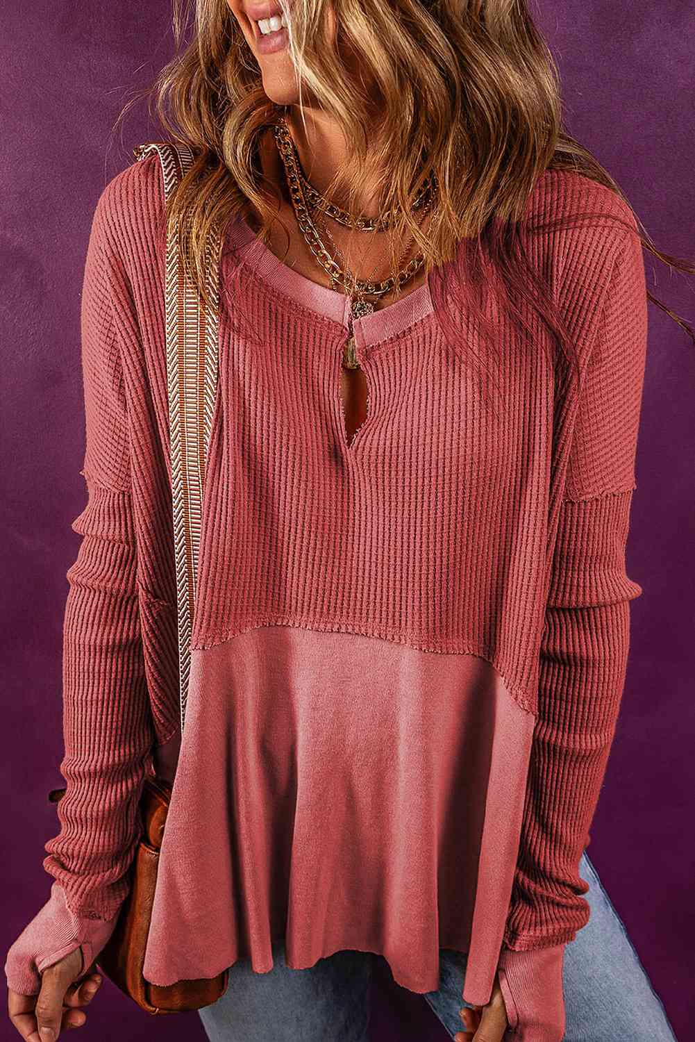 Notched Neck Long Sleeve Blouse - Ashley's Artistries