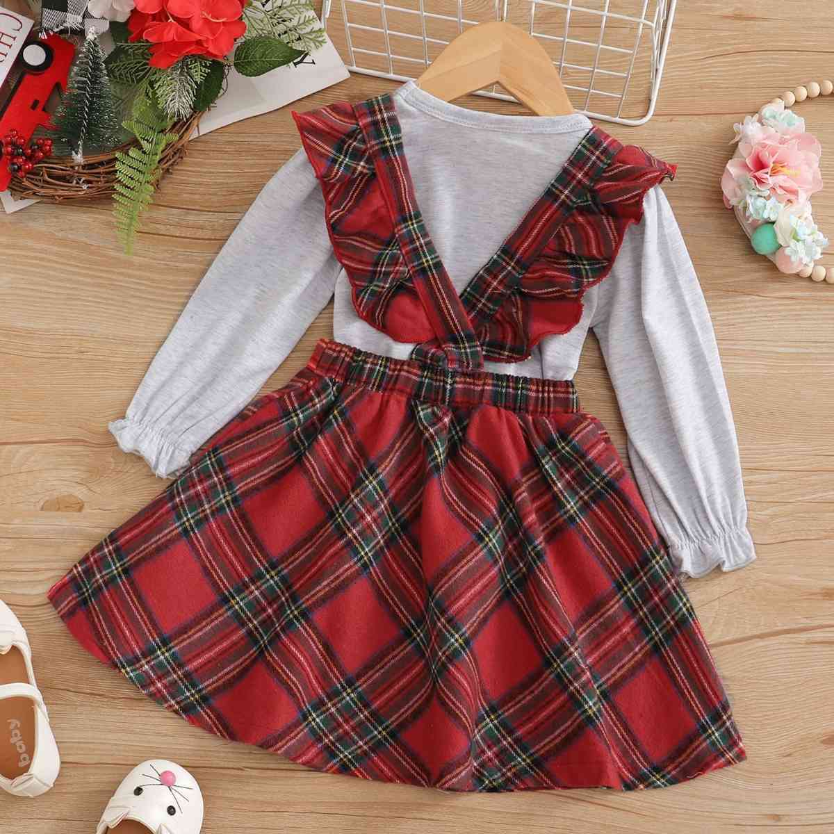 Reindeer Top and Plaid Skirt Set