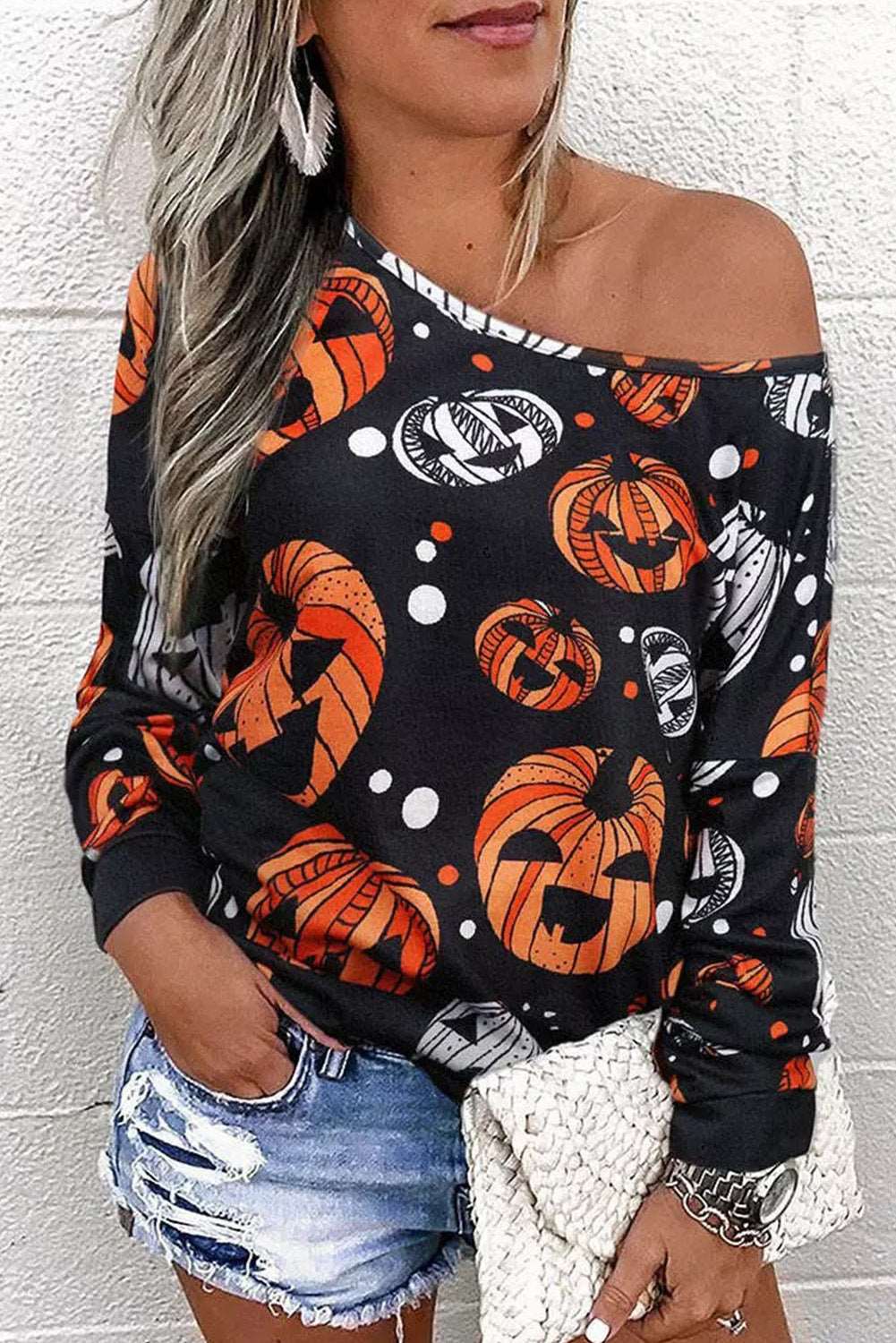 Off Shoulder Jack-O'-Lantern Sweater - Ashley's Artistries