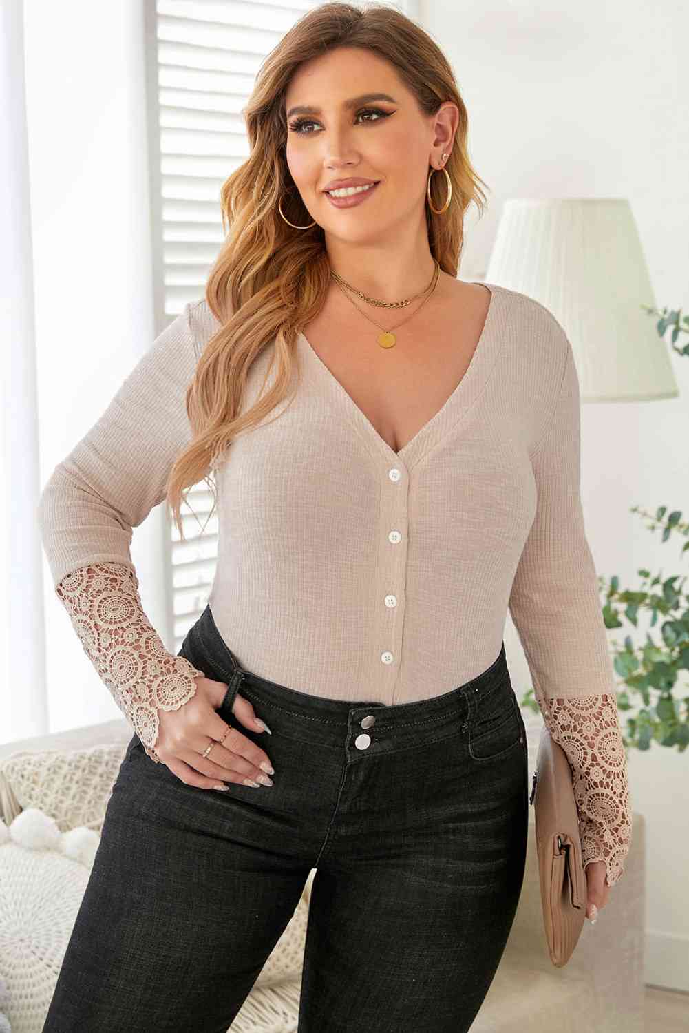 Spliced Lace Sleeve Ribbed Top - Ashley's Artistries