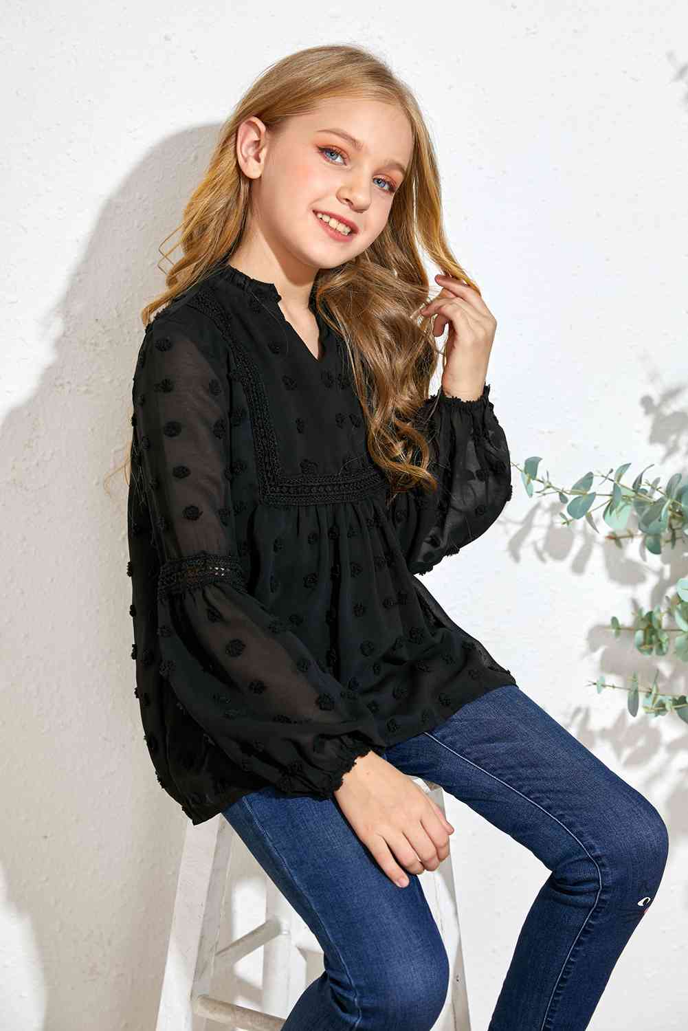 Girls Swiss Dot Spliced Lace Blouse - Ashley's Artistries