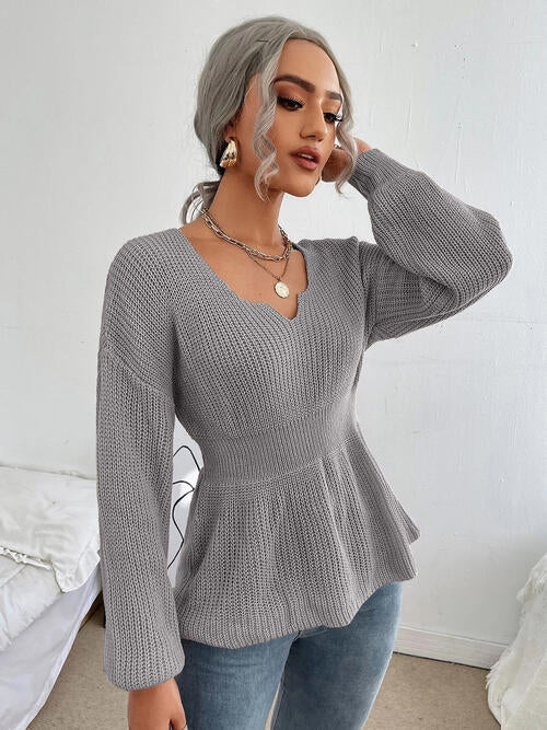 Notched Dropped Shoulder Knit Top - Ashley's Artistries