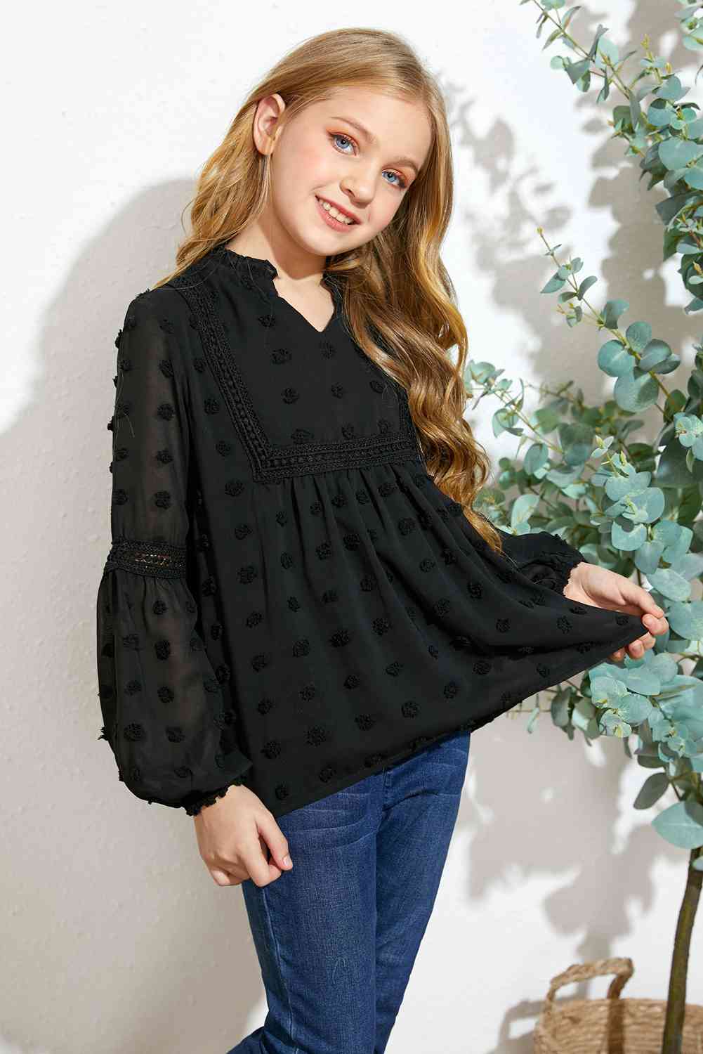 Girls Swiss Dot Spliced Lace Blouse - Ashley's Artistries