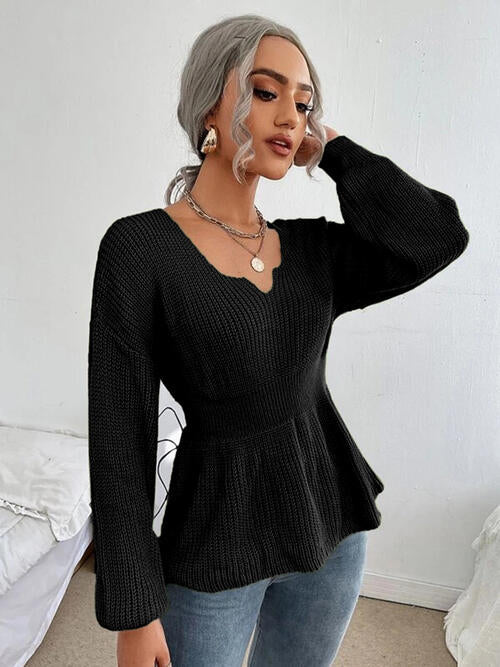 Notched Dropped Shoulder Knit Top - Ashley's Artistries