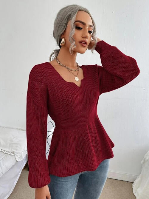 Notched Dropped Shoulder Knit Top - Ashley's Artistries