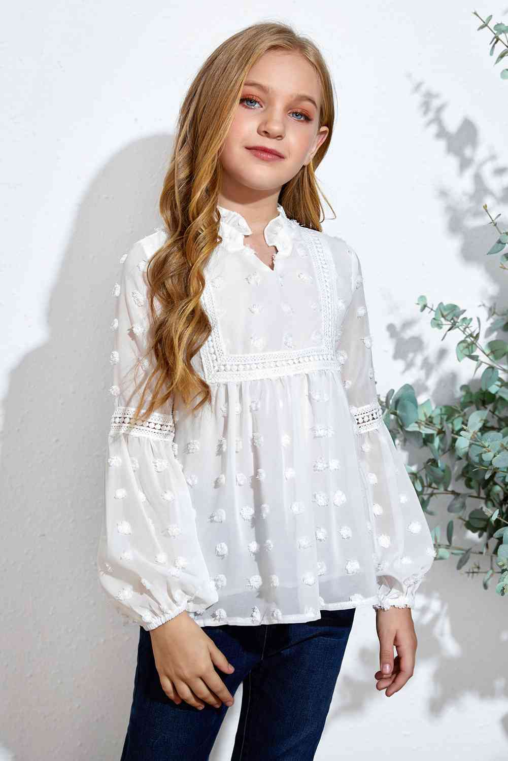 Girls Swiss Dot Spliced Lace Blouse - Ashley's Artistries