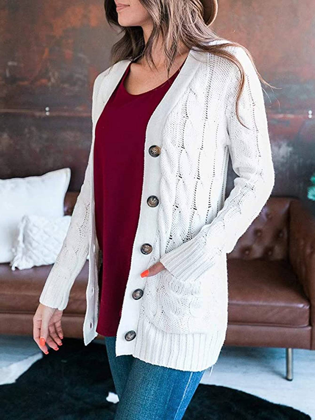 Cable-Knit Cardigan with Pockets - Ashley's Artistries