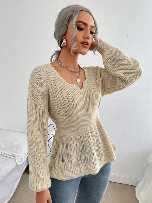 Notched Dropped Shoulder Knit Top - Ashley's Artistries