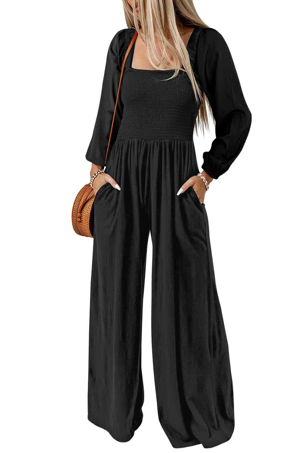 Square Neck Raglan Sleeve Jumpsuit with Pocket - Ashley's Artistries