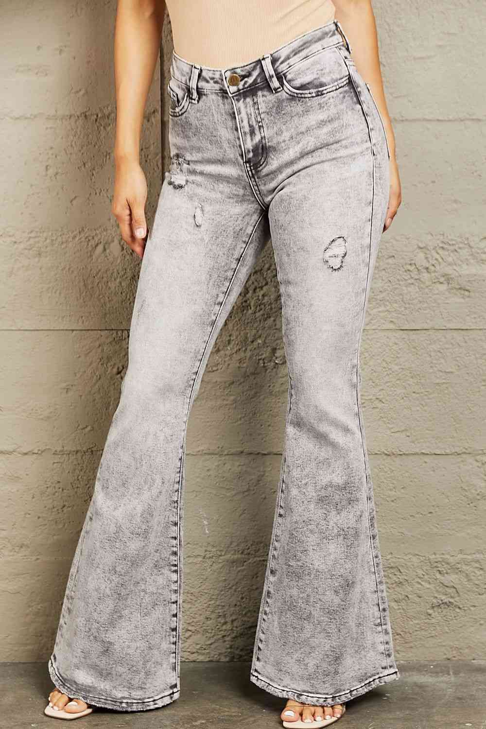 High Waisted Acid Wash Flare Jeans - Ashley's Artistries