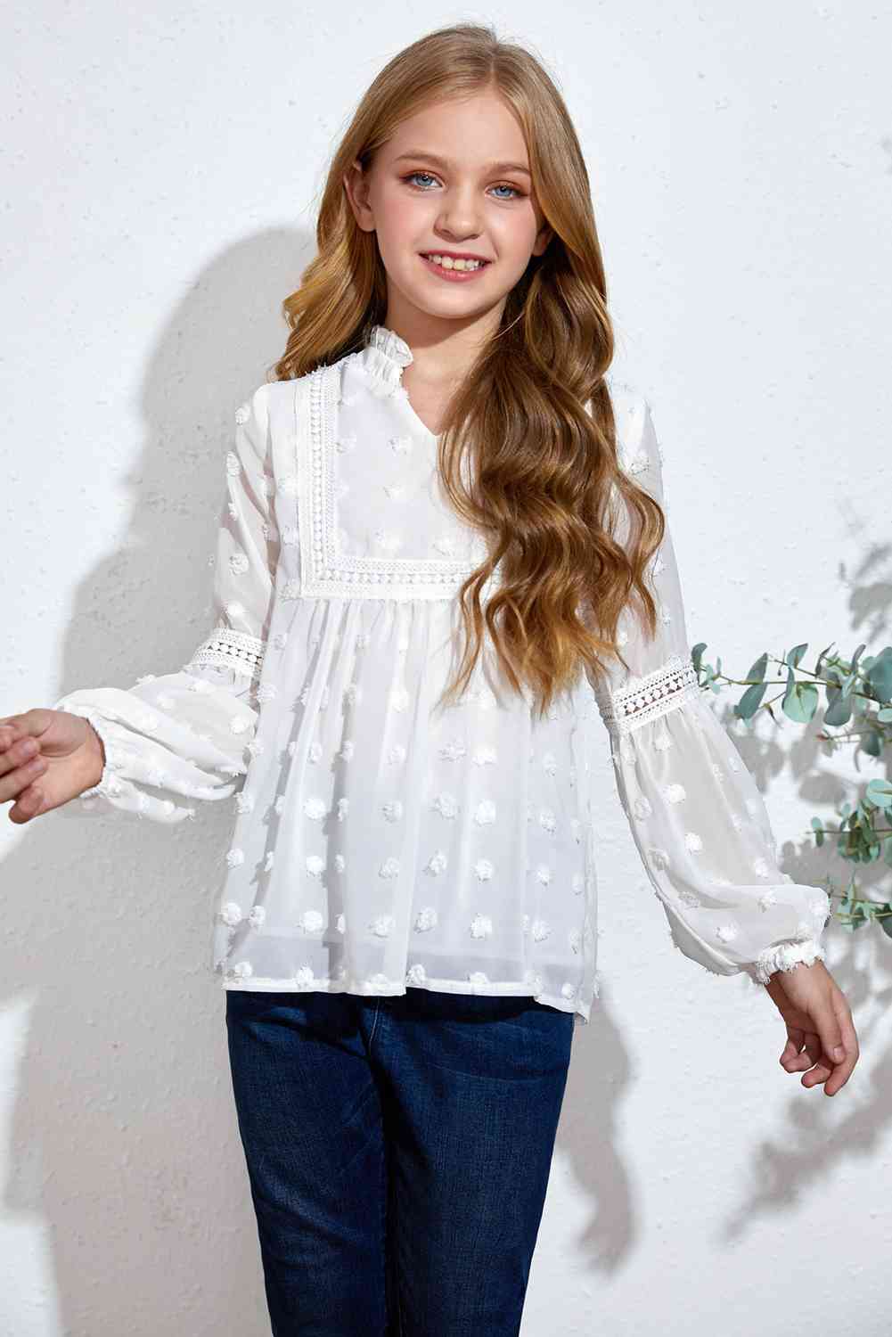 Girls Swiss Dot Spliced Lace Blouse - Ashley's Artistries