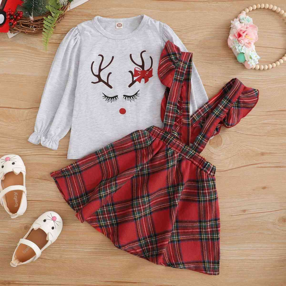 Reindeer Top and Plaid Skirt Set