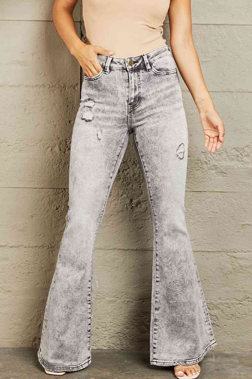 High Waisted Acid Wash Flare Jeans - Ashley's Artistries