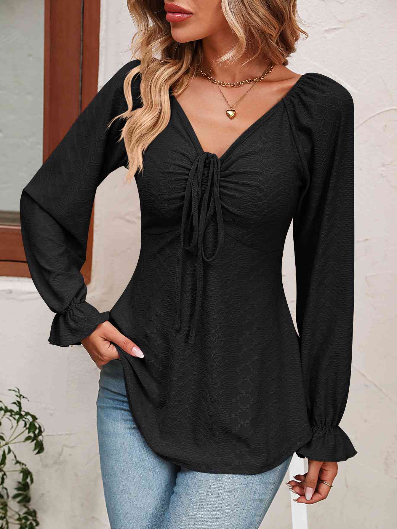 Tie Front Puff Sleeve Blouse - Ashley's Artistries