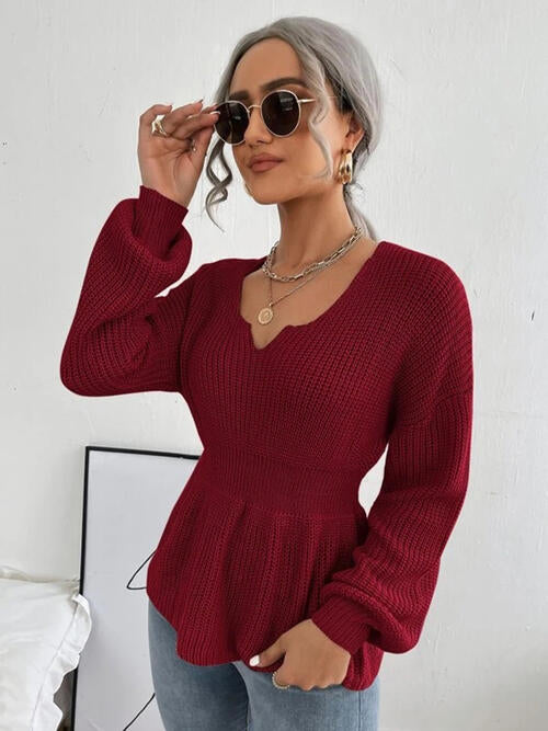 Notched Dropped Shoulder Knit Top - Ashley's Artistries