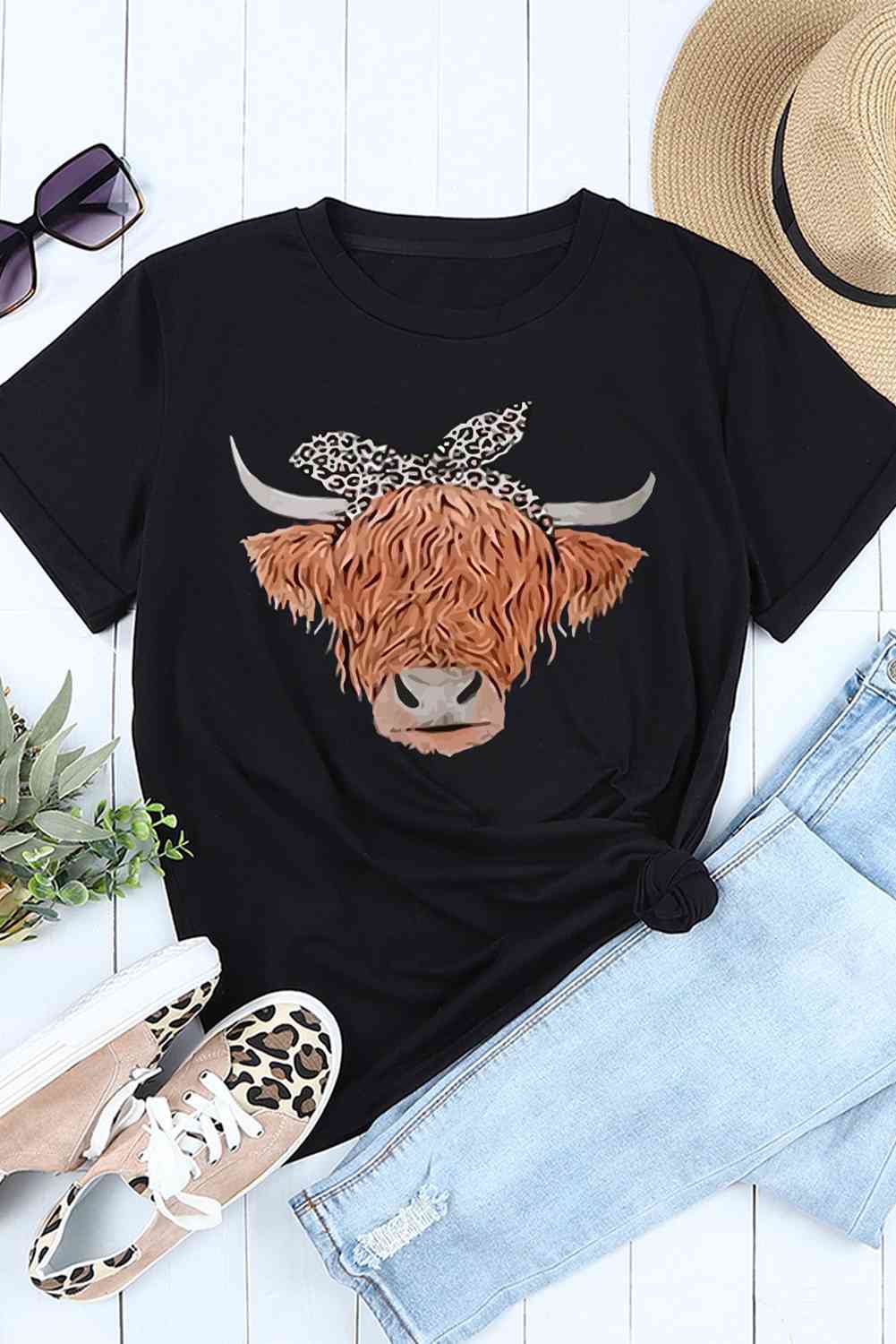 Cow Graphic Round Neck T-Shirt - Ashley's Artistries