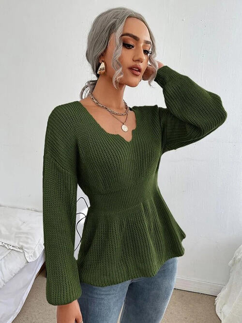 Notched Dropped Shoulder Knit Top - Ashley's Artistries